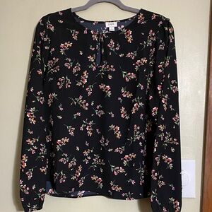 J. Crew Black Blouse with Pink Floral Design